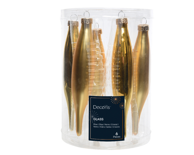 Kerstbal glas ijspegel 15.00cm 6 stuks - goud