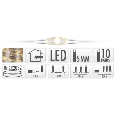 S.i.a. sølvtråd batteridrevet julelys 90cm 10 LED lys