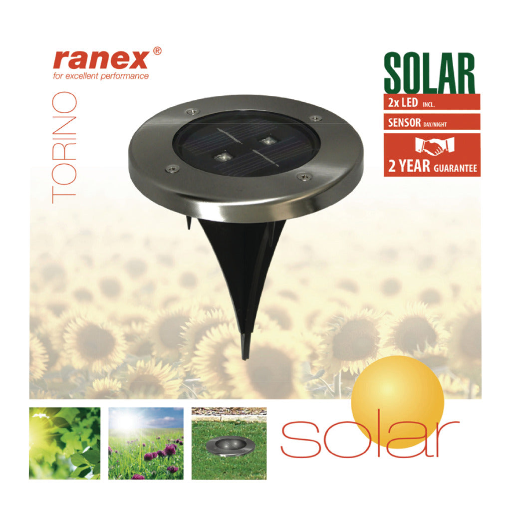 Ranex ra-5000389 rund LED solcellejord spotlight børstet rustfrit stål glas
