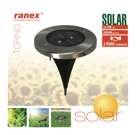 Ranex ra-5000389 rund LED solcellejord spotlight børstet rustfrit stål glas