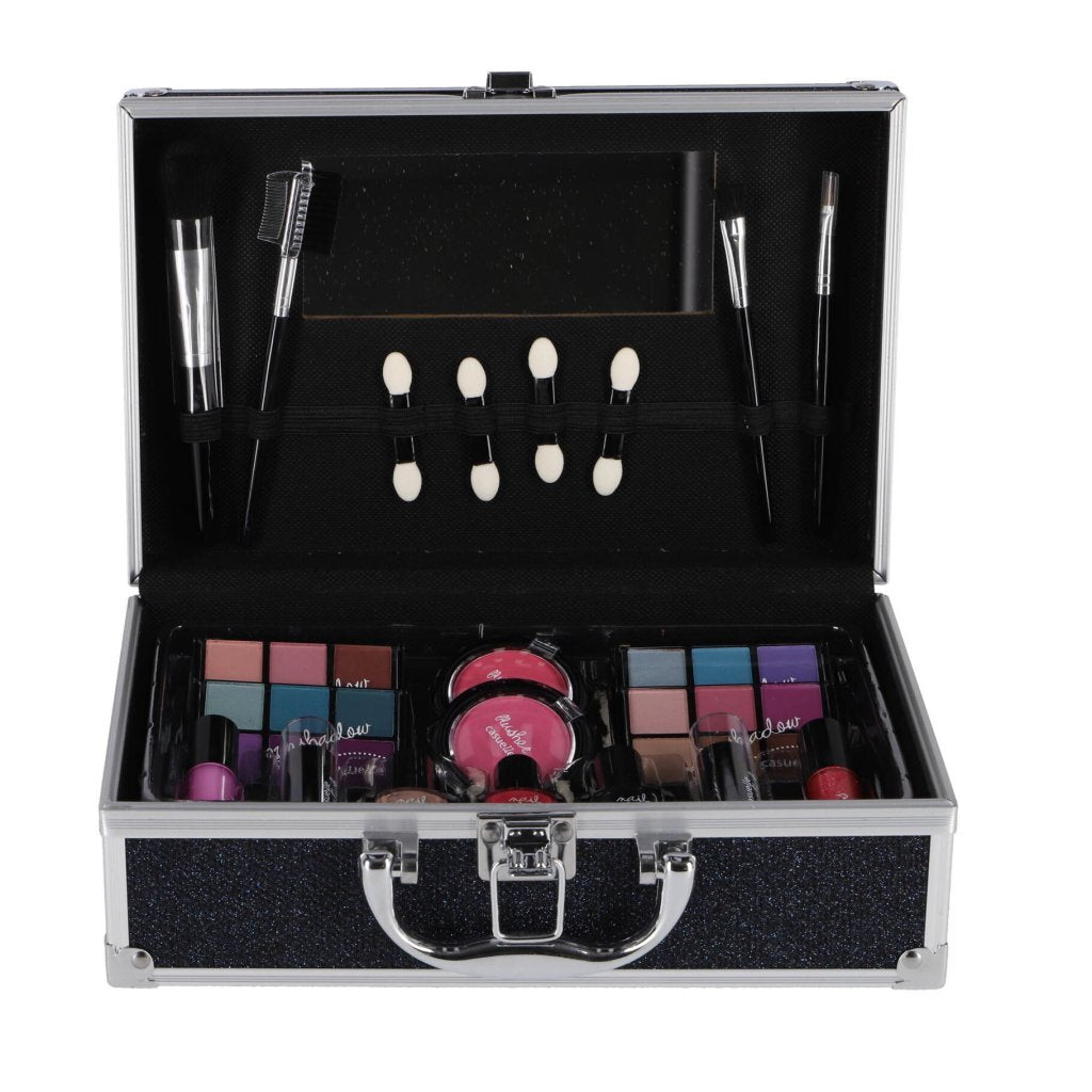 Casuelle make-up etui i aluminium mørkeblå glitter