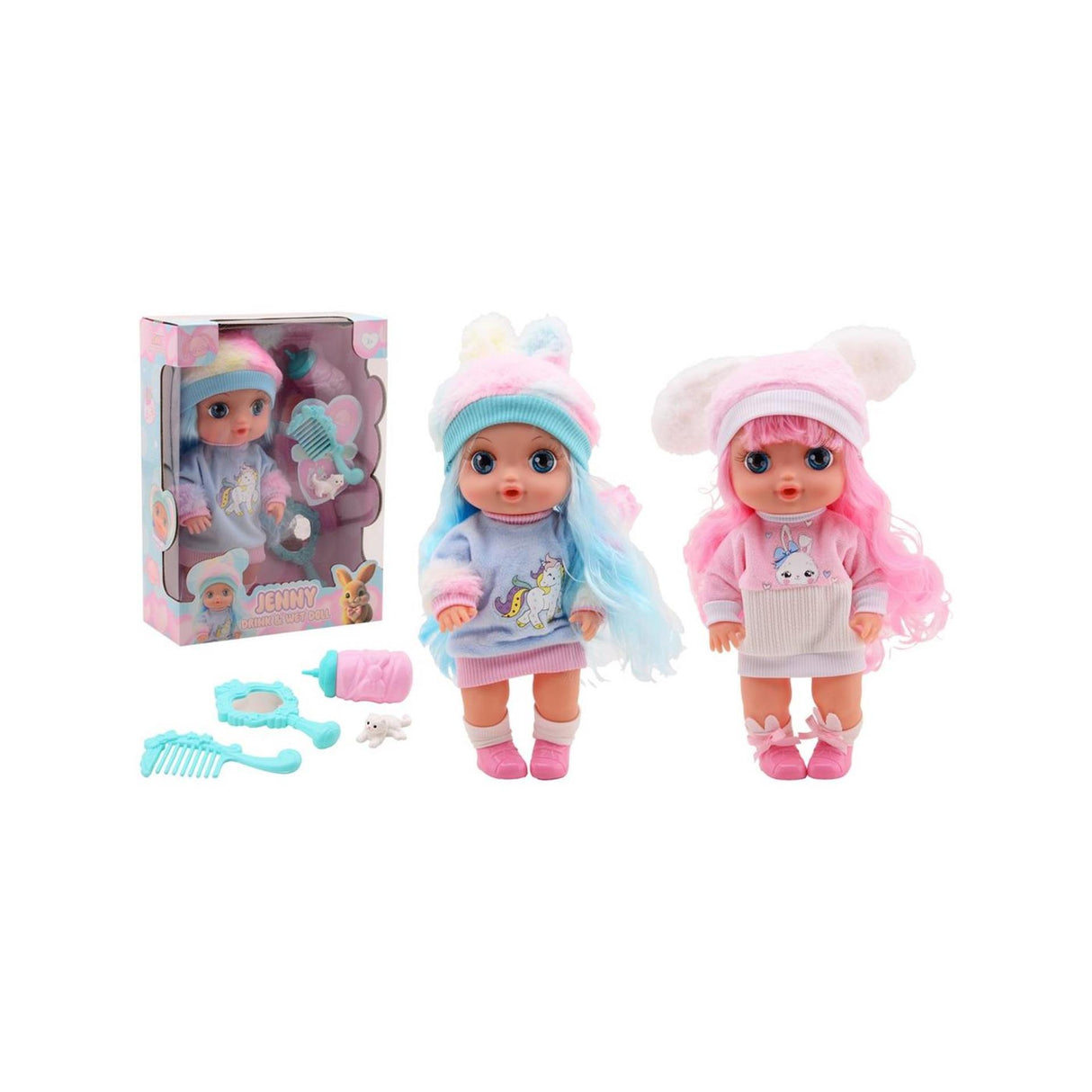 Johntoy drikke- og tissedukke med store øjne, 2 assorterede