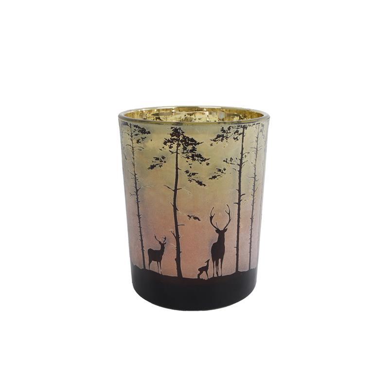 Diverse fyrfadsstage skovhjort i skovgrøn rødt glas 12,5x10x10cm