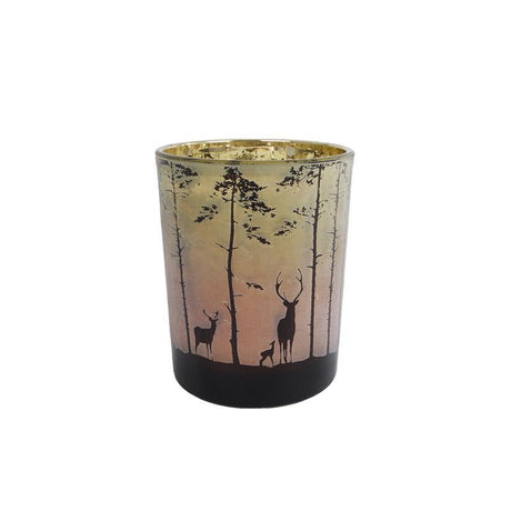 Diverse fyrfadsstage skovhjort i skovgrøn rødt glas 12,5x10x10cm