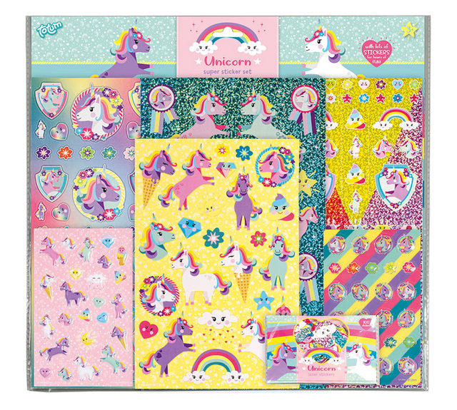 Totum unicorn stickers super sticker sæt xl 8 ark - inkl. luksusklistermærker med enhjørningstema 38 x 36 cm - inklusive spil - kreativt legetøj til piger og drenge fra 3 år