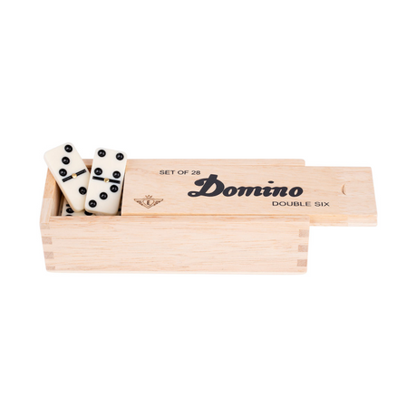 Engelhart domino dobbelt 6 små – 28 træ dominobrikker med sorte øjne – inklusive trækasse med skydelåg –