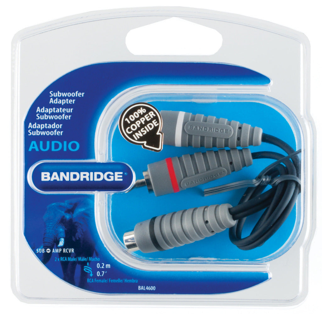 Bandridge bal4600 subwoofer kabel 2x rca han - rca hun 0,20 m blå