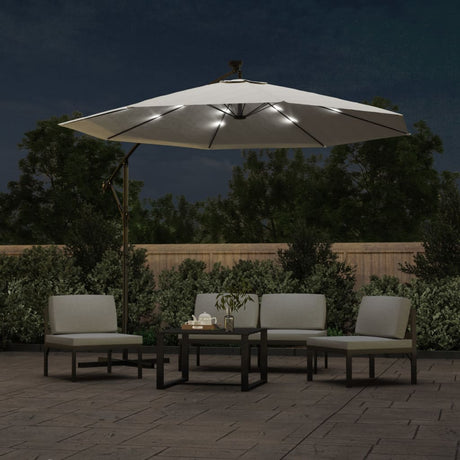 Vidaxl flydende parasol med LED -belysning og metalstang 300 cm sand