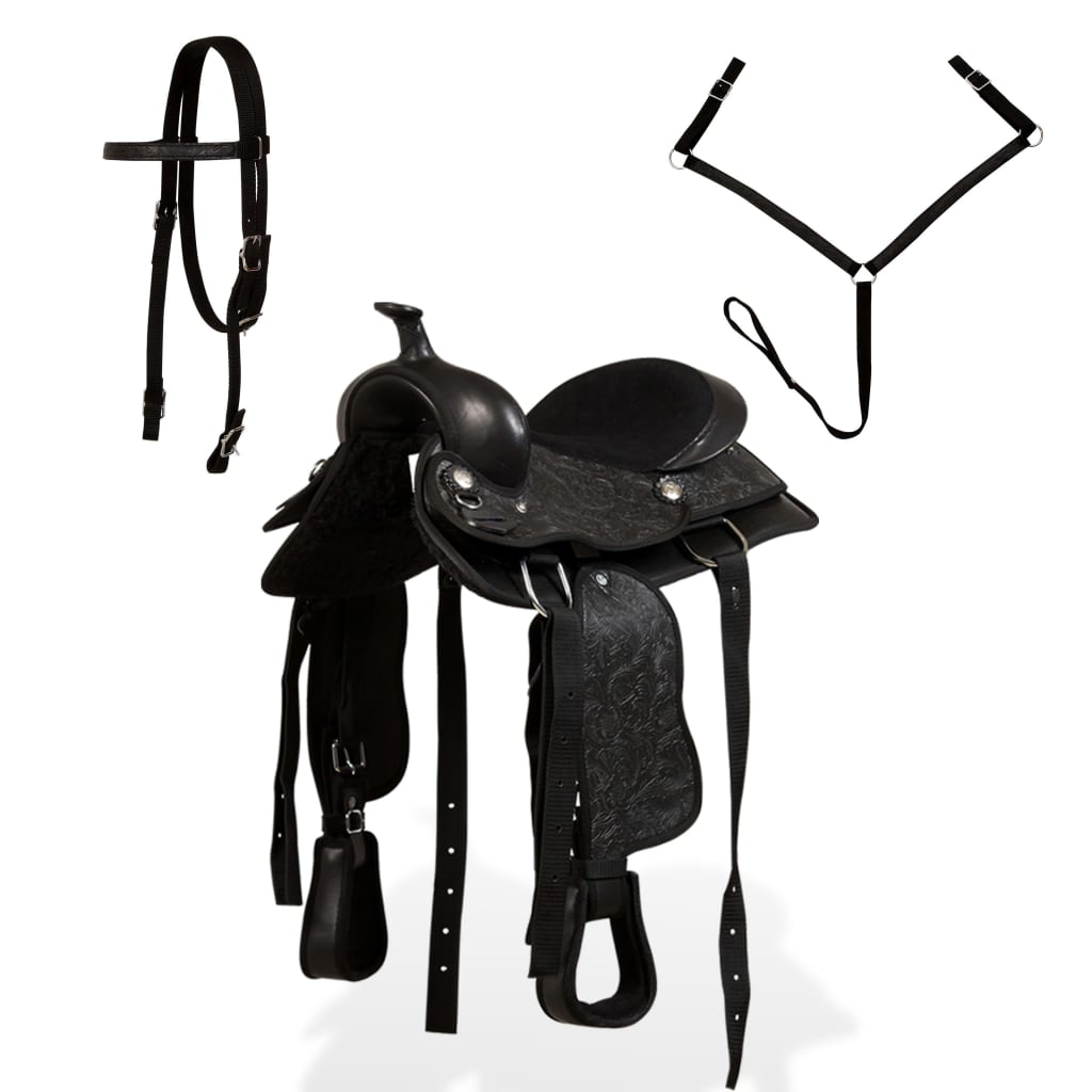 Vidaxl Western Saddle, Bridle and Bright Blast 12 Real Leather Black