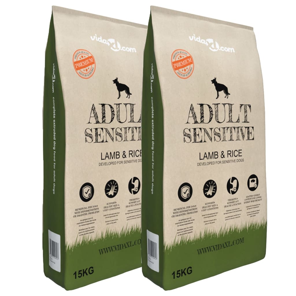 Vidaxl Premium hundefoder tør voksen følsom lam ris 30 kg 2 s