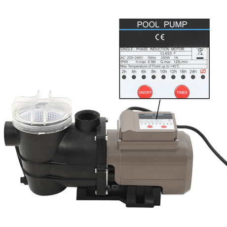 Vidaxl svømmebassinpumpe med timer 0,25 hk 8000 l h sort