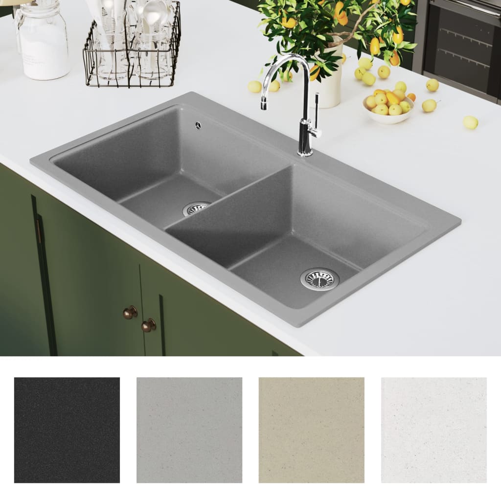 Vidaxl Sink Structure Granite Double Bowl Grey