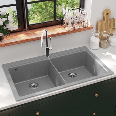 Vidaxl Sink Structure Granite Double Bowl Grey
