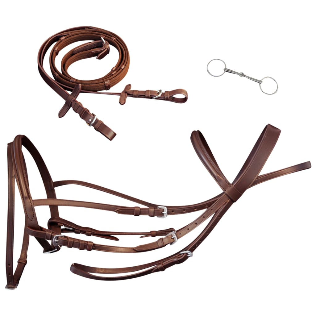 Vidaxl Bridle læder med kombineret næsebånd, tøjler og bit brun pony
