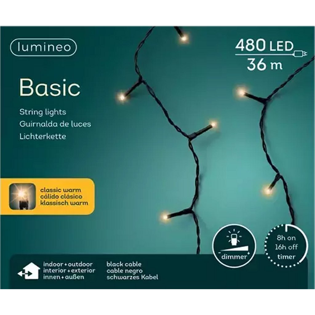Lumineo basic LED julelys 36m sort IP44 klassisk varm