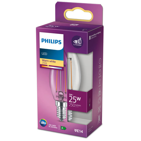 Philips LED-lampe - stearinlyslampe med E14-fatning - varmt hvidt lys: 2700k - 25w - klart glas