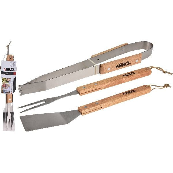 Grillredskaber rustfrit stål træ 36cm 3-delt