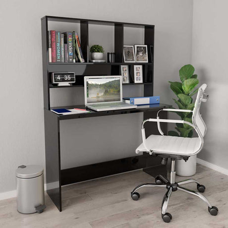 Vidaxl bureau met schappen 110x45x157 cm bewerkt hout hoogglans zwart