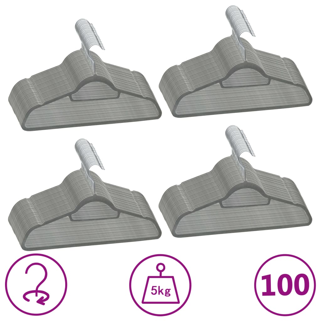 Vidaxl 100-delt tøjbøjle indstillet anti-slip fløjlgrå