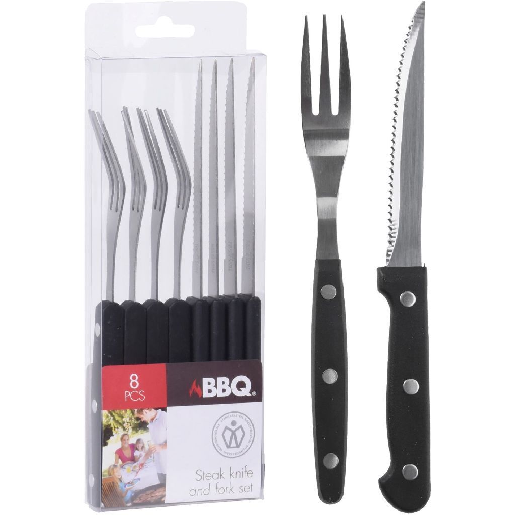BBQ bøf knive og gafler 8 stykker rustfrit stål sort