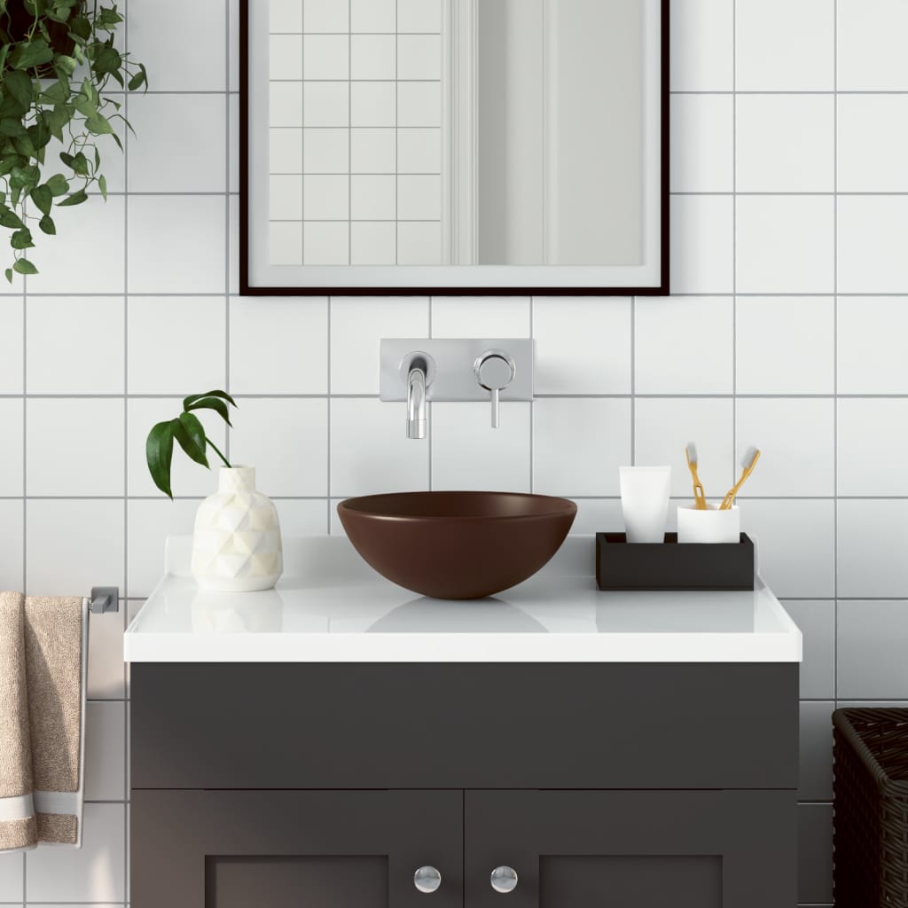 Vidaxl Washbasin rundt keramisk mørkebrun