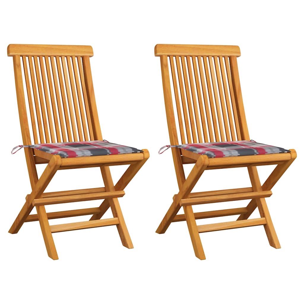 Vidaxl tuinstoelen 2 st met rood geruite kussens massief teakhout