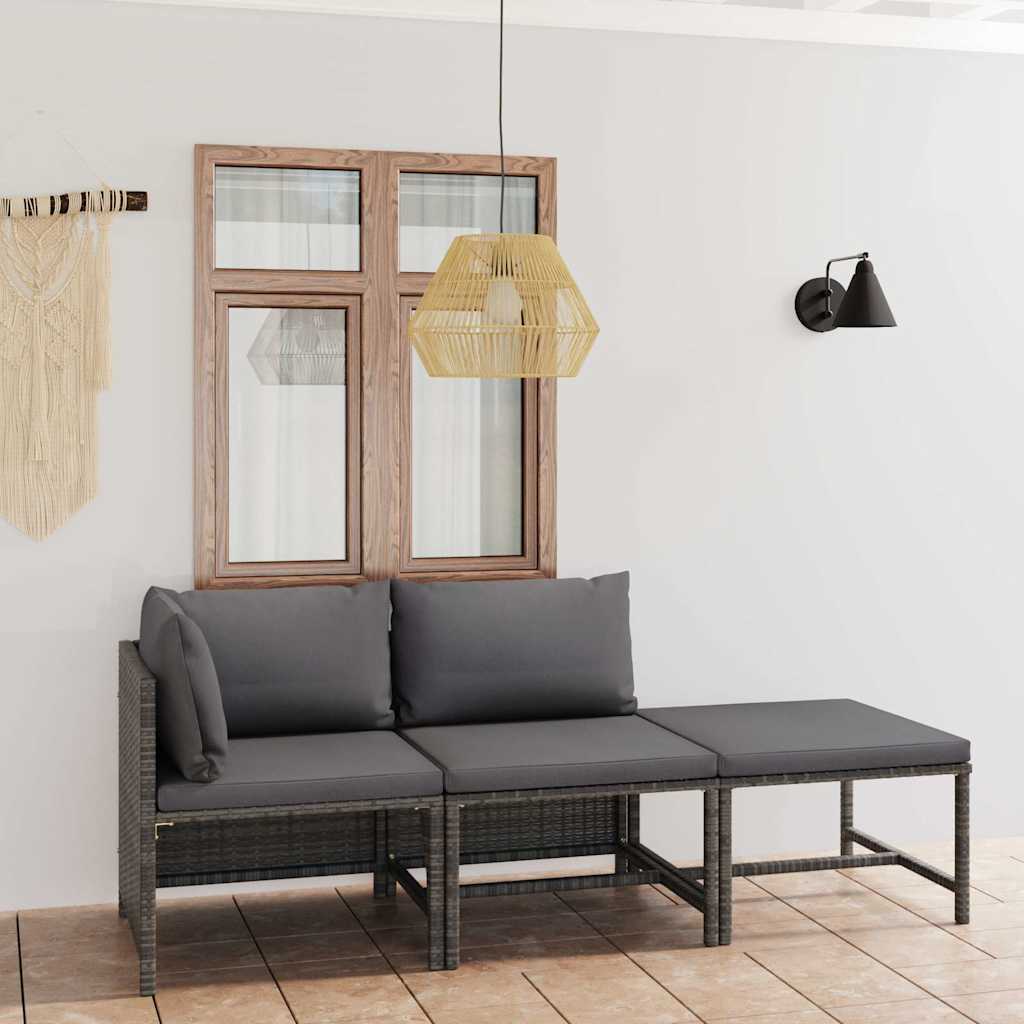 Vidaxl 3-delige loungeset met kussens poly rattan grijs