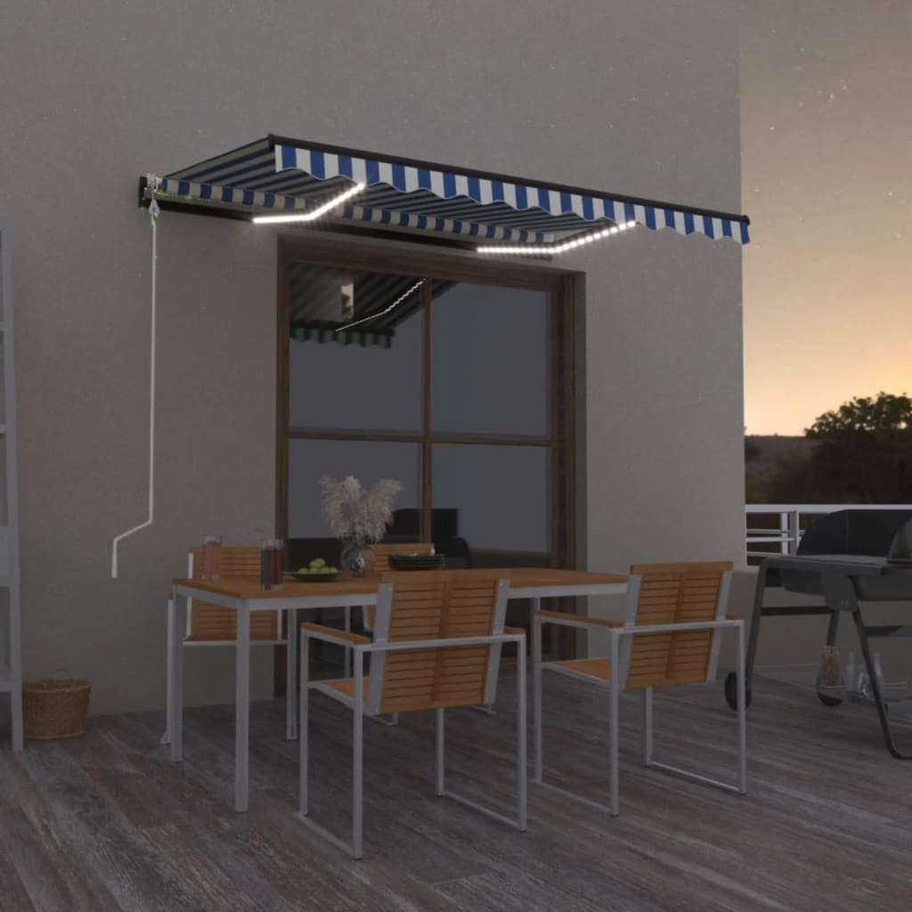 Vidaxl Luifel Automatisk med LED og vindsensor 400x300 cm blå og hvid