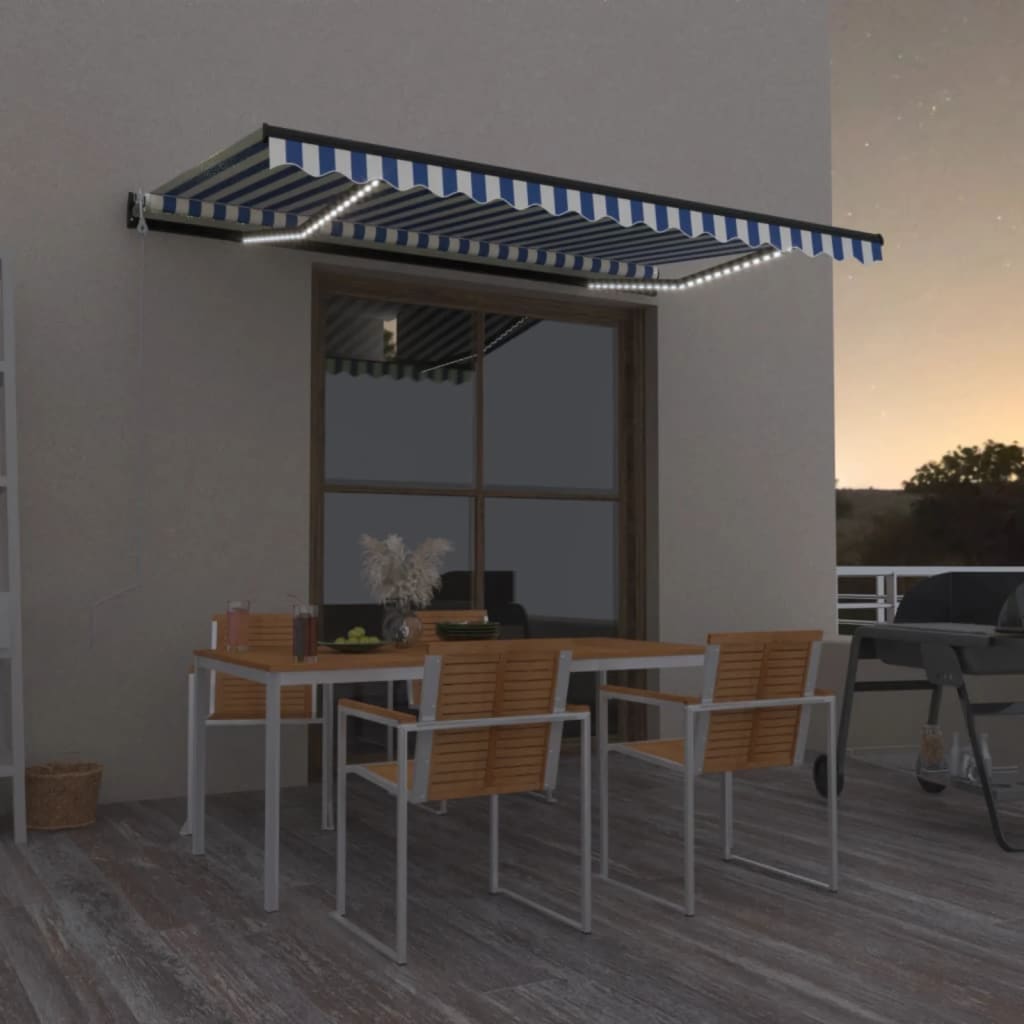 Vidaxl Luifel Automatisk med LED og vindsensor 450x350 cm blå hvid
