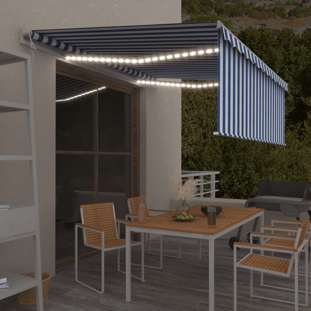 Vidaxl Laifel med rulleblind, LED og vindsensor 4,5x3 m blå og hvid