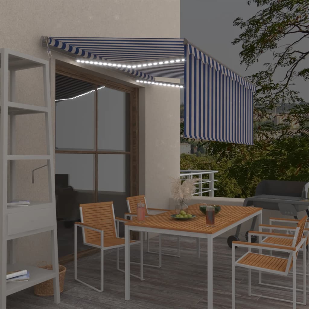 Vidaxl Luifel Automatisk med gardin LED vindsensor 3x2,5 m blå hvid