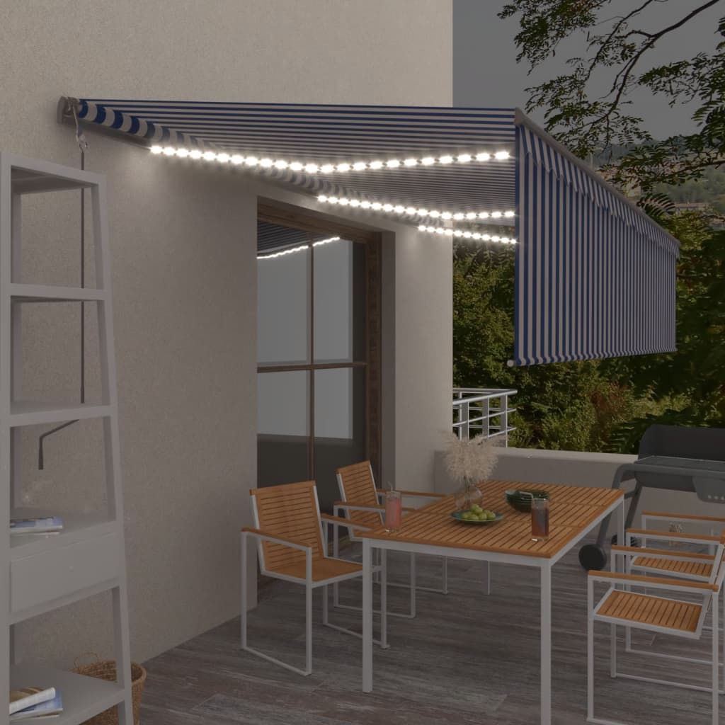 Vidaxl Luifel Automatisk rulleblind LED vindsensor 6x3 cm blå hvid