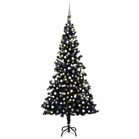 Vidaxl Kunstkerstboom med belysning og julekugler 210 cm PVC sort