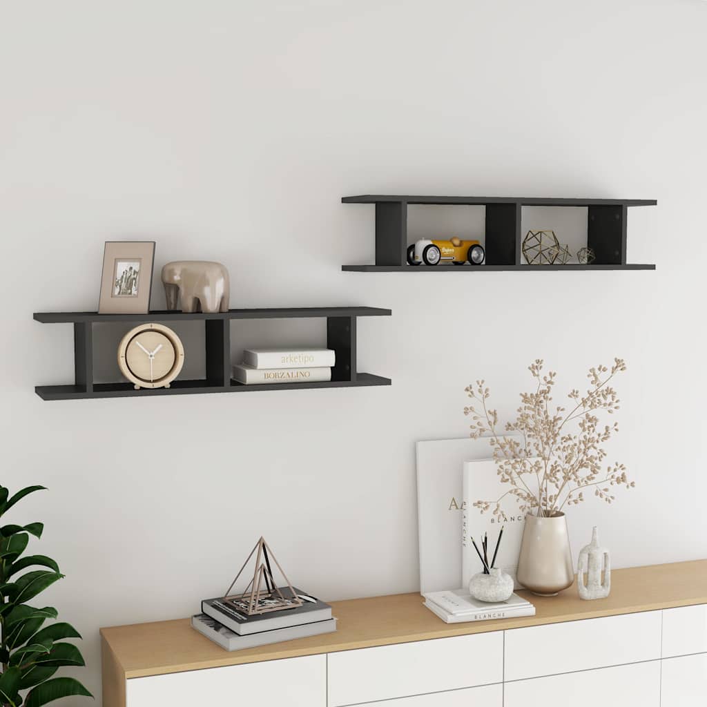 Vidaxl wandschappen 2 st 90x18x20 cm bewerkt hout hoogglans grijs