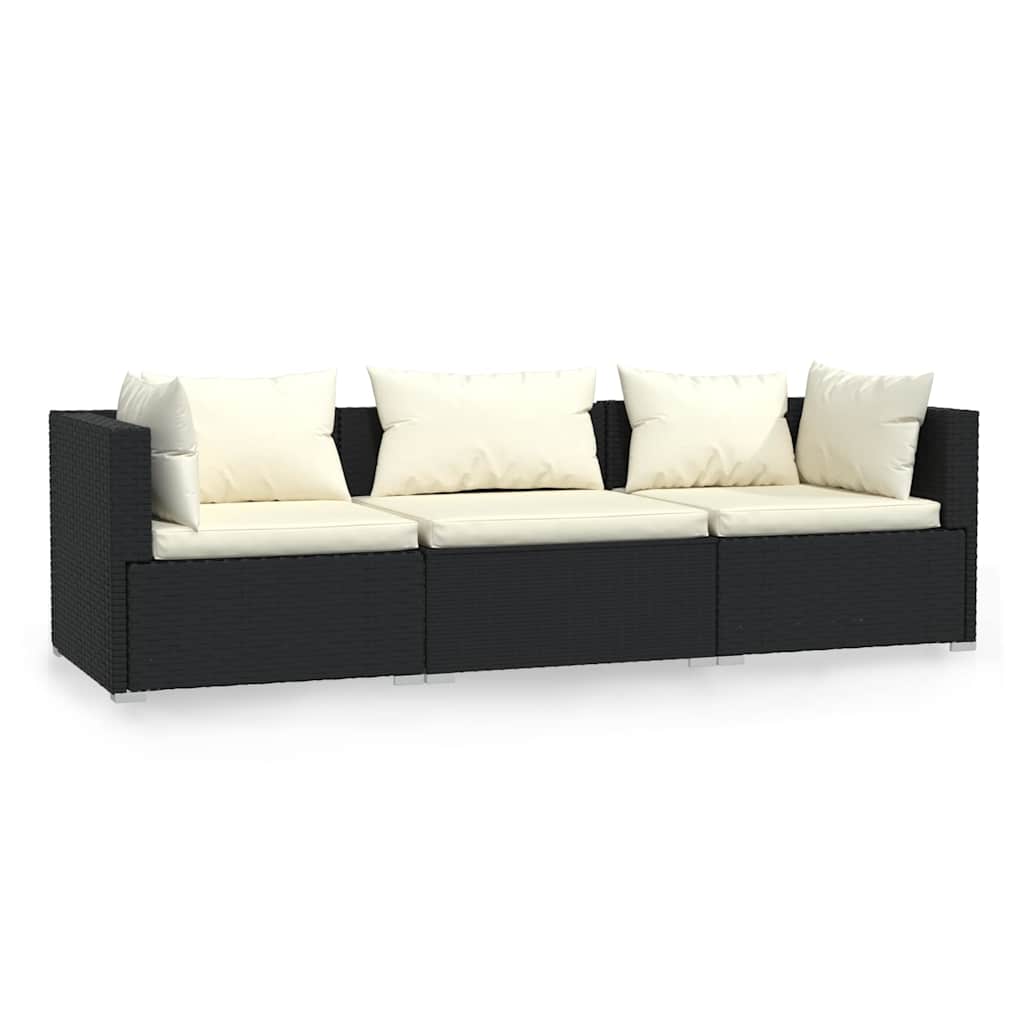 Vidaxl driezitsbank met kussens poly rattan zwart