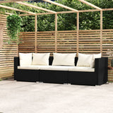 Vidaxl driezitsbank met kussens poly rattan zwart