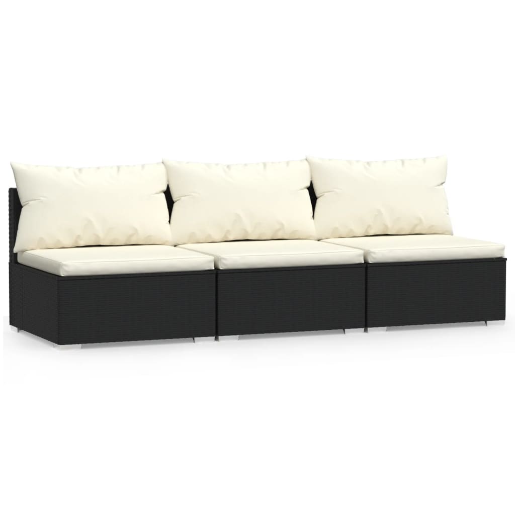 Vidaxl driezitsbank met kussens poly rattan zwart