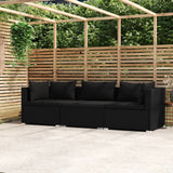 Vidaxl driezitsbank met kussens poly rattan zwart