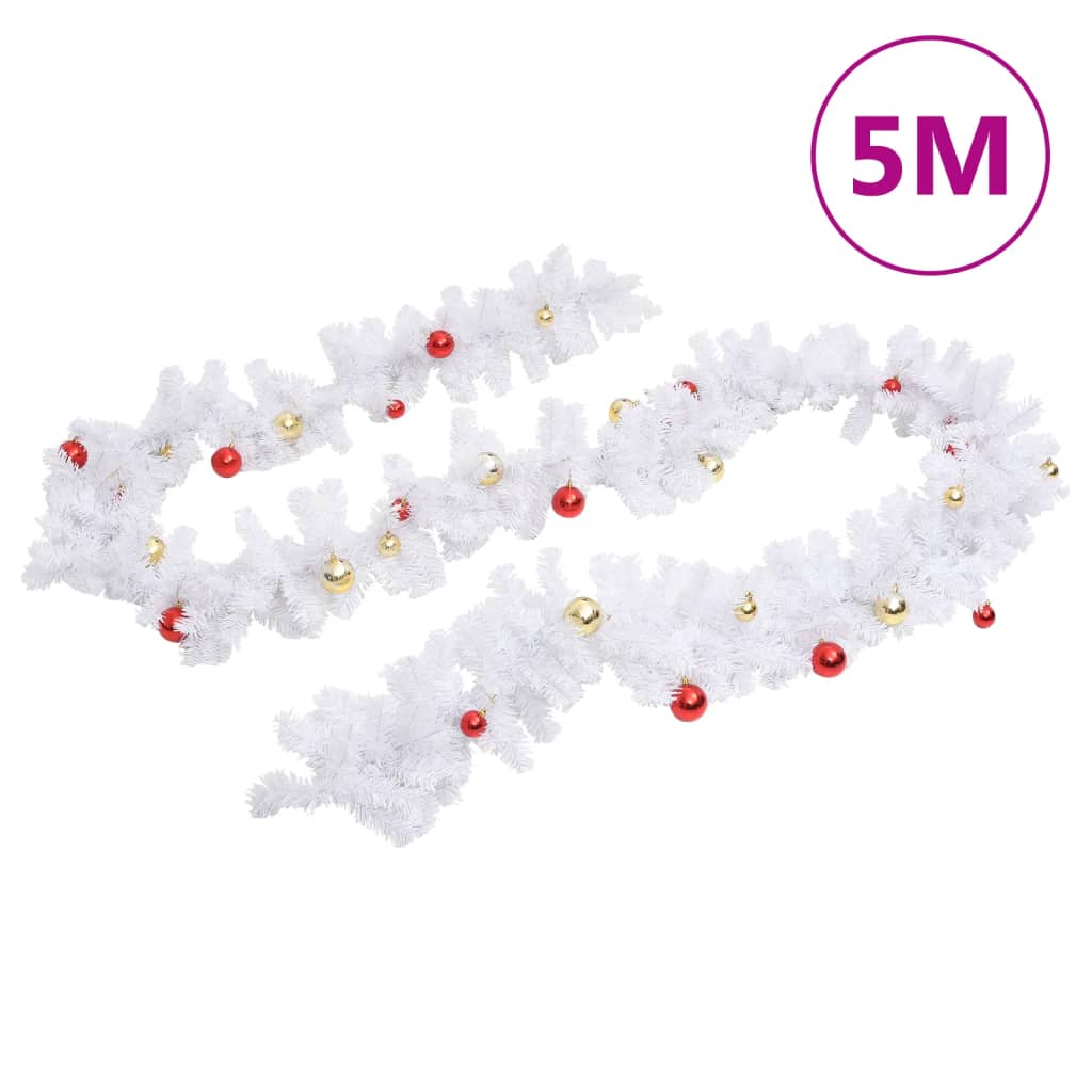 Vidaxl Christmas Garland dekoreret med julekugler 5 m hvid