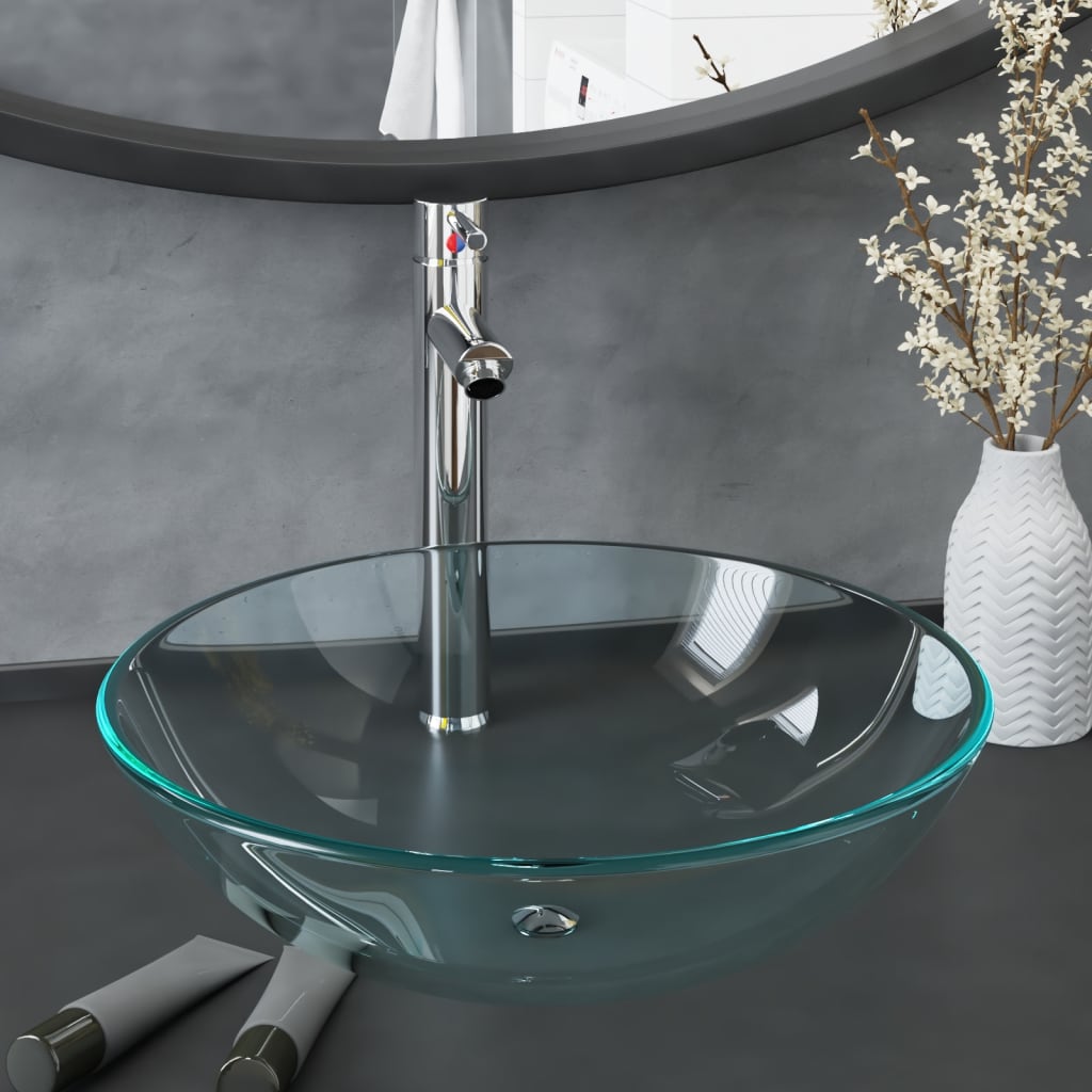 Vidaxl wastafel met kraan en pop-up afvoer gehard glas transparant
