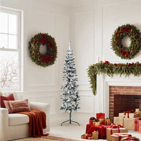 Vidaxl Kunstkerstboom halvt med sne smal 150 cm