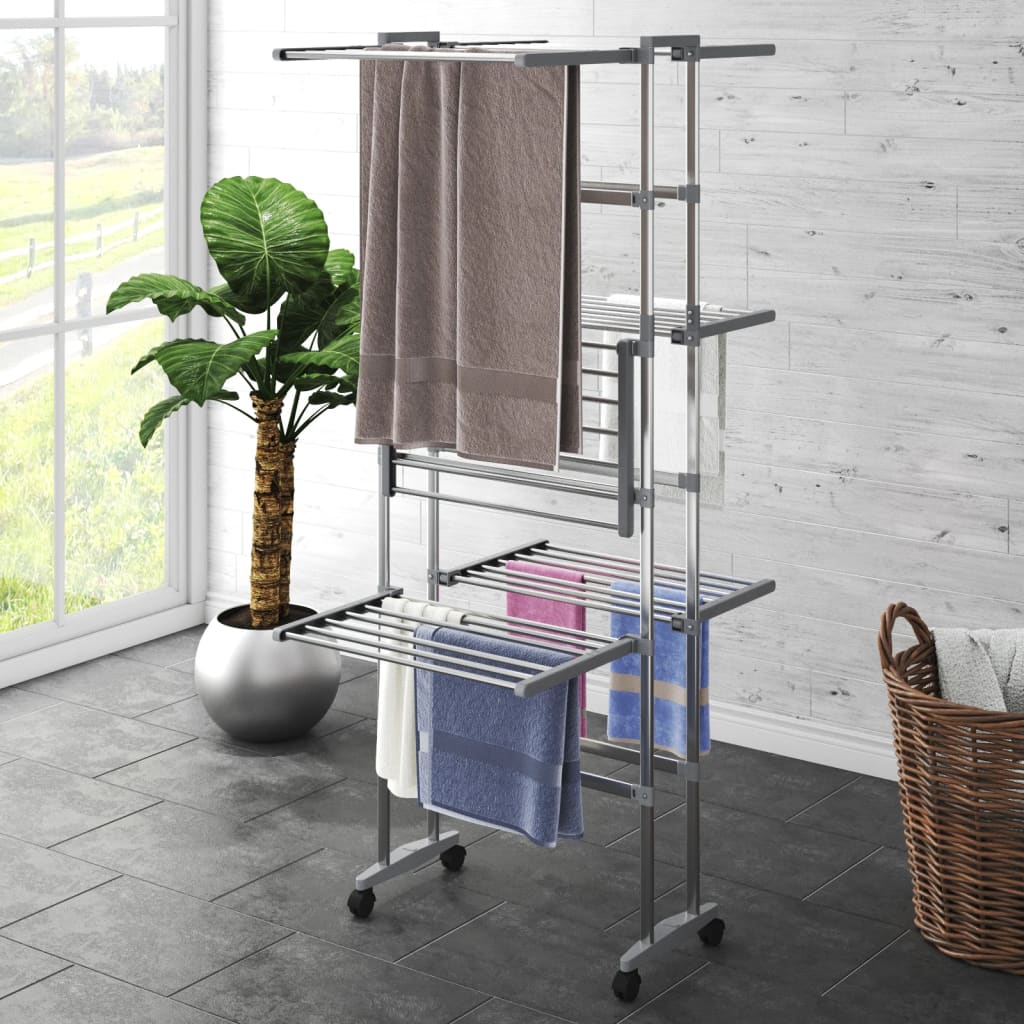 Vidaxl tørringsstativ 3-lag med hjul 60x70x129 cm sølvfarvet