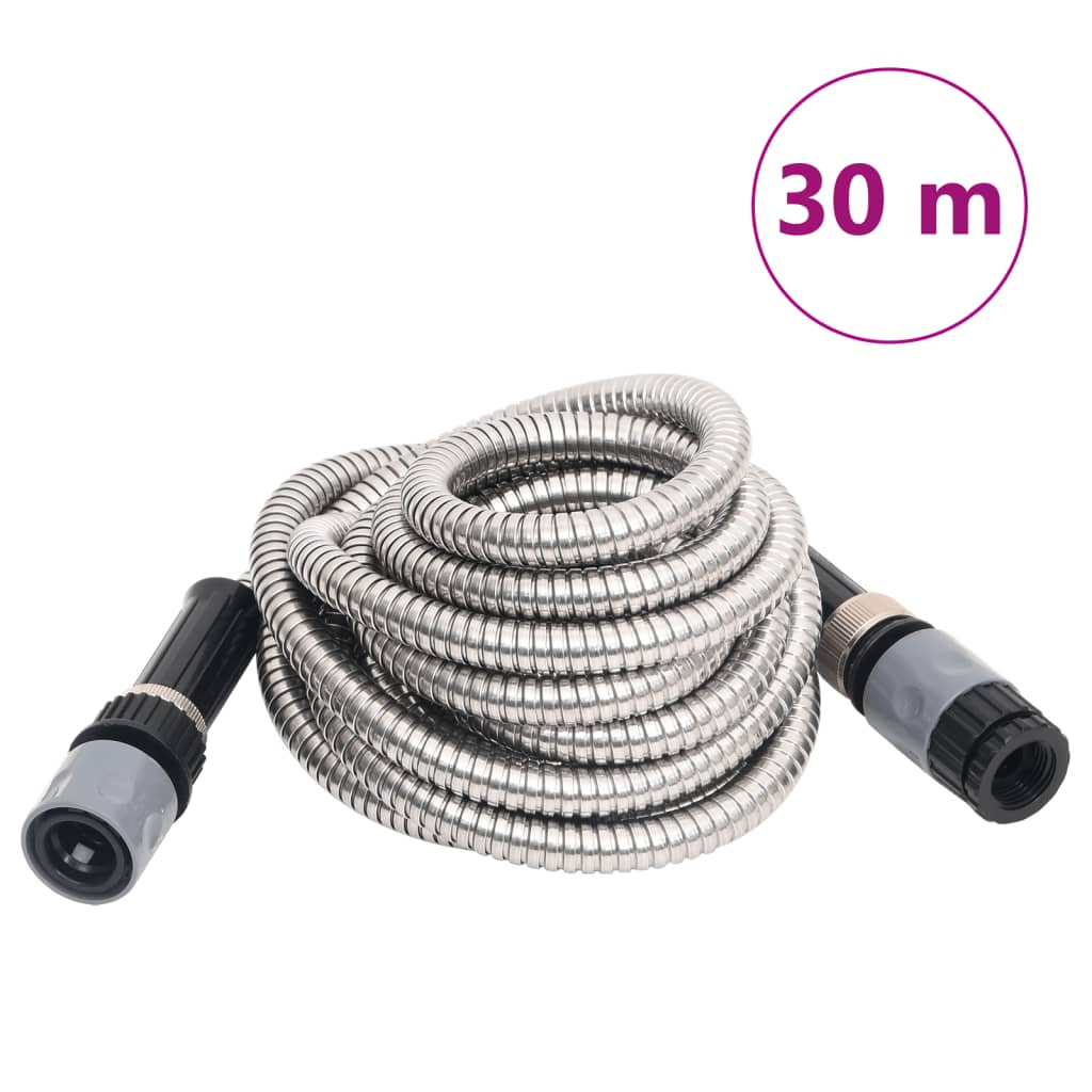 Vidaxl Garden Slang med sprayhoved 0,6 '' 30 m rustfrit stål sølvfarve