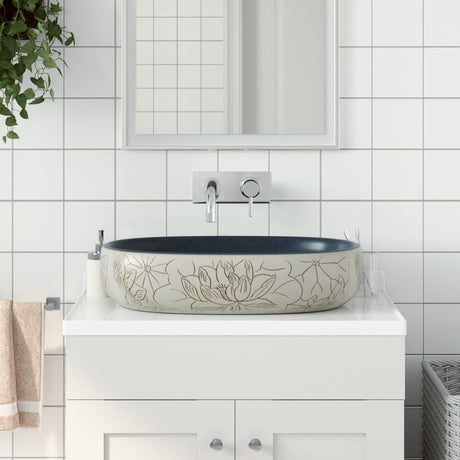Vidaxx bordplade vask oval 59x40x14 cm keramik sandfarvet og blå