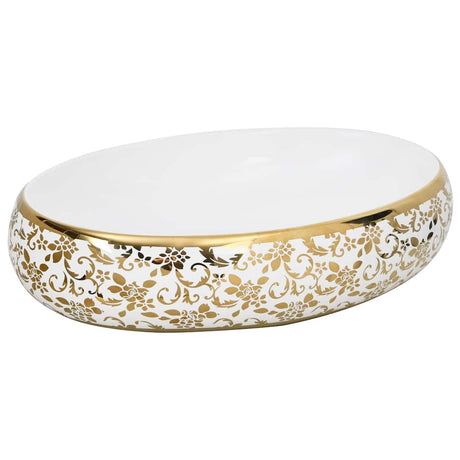 Vidaxx bordplade vask oval 59x40x15 cm keramik hvid og guld