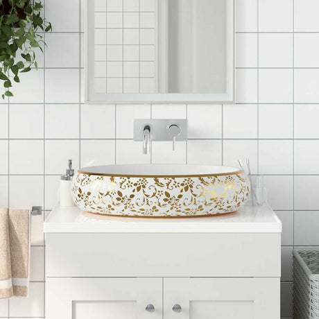Vidaxx bordplade vask oval 59x40x15 cm keramik hvid og guld
