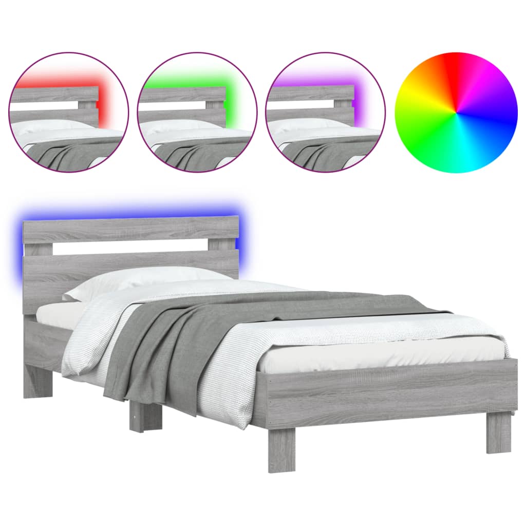 Vidaxl bedframe met hoofdbord en led grijs sonoma eikenkleur 75x190 cm