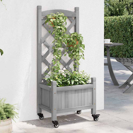 VidaXL Plantekasse med espalier og hjul, massivt gråt fyrretræ