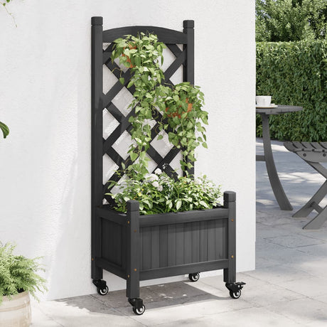 VidaXL Plantekasse med espalier og hjul, massiv fyrretræ, sort