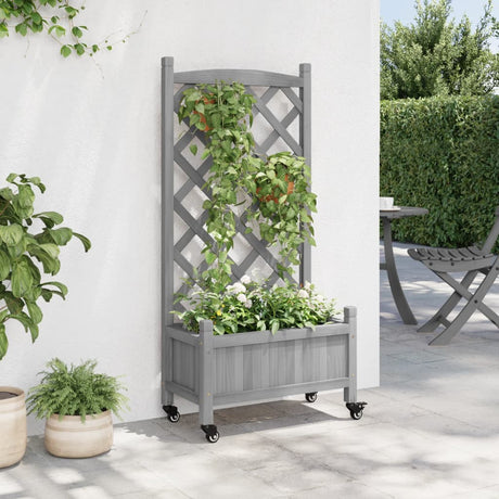 VidaXL Plantekasse med espalier og hjul, massivt gråt fyrretræ